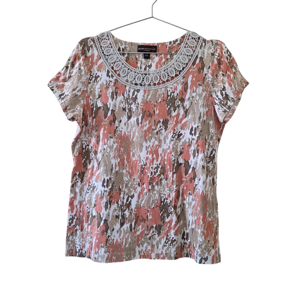 Dana Buchman Signature Abstract Print Crochet Neck Top Coral Tan Womens Size M